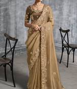 Beige premium tissue zari resham thread embroidery with pearls, mirror work stone work saree with blouse