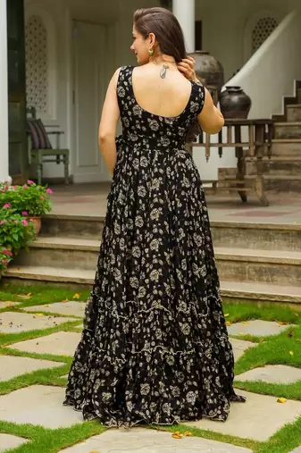 Black color beautiful printed partywear gown for trendy girls