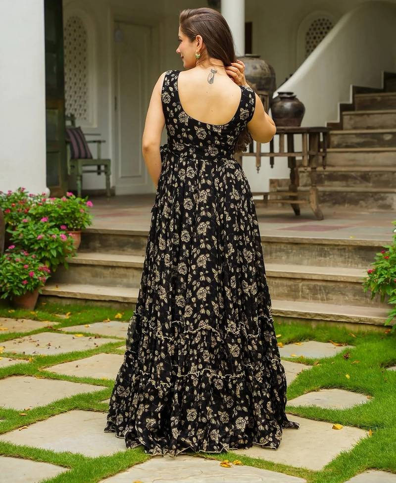 Black color beautiful printed partywear gown for trendy girls