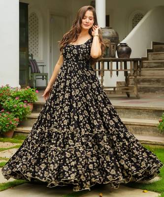 Black color beautiful printed partywear gown for trendy girls 3