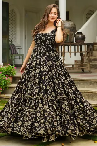Black color beautiful printed partywear gown for trendy girls