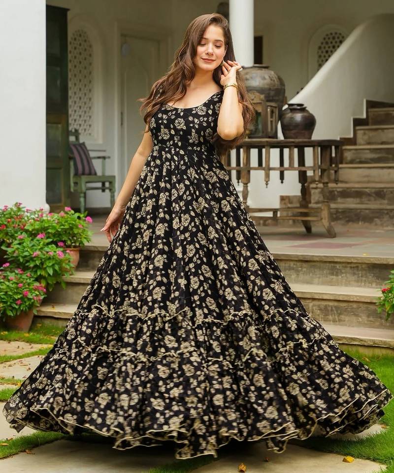 Black color beautiful printed partywear gown for trendy girls