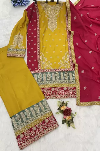 Yellow chinon suit with embroidery codding sequin 