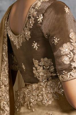 Beige premium tissue zari resham thread embroidery with pearls, mirror work stone work saree with blouse 3