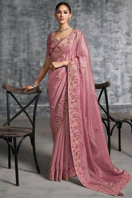 Pink premium tissue zari resham thread embroidery with pearls, mirror work stone work saree with blouse 1