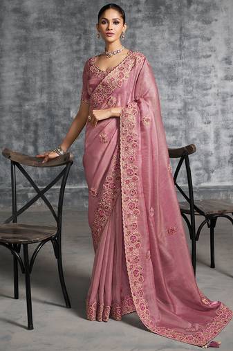 Pink premium tissue zari resham thread embroidery with pearls, mirror work stone work saree with blouse