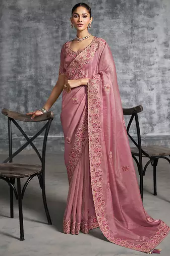 Pink premium tissue zari resham thread embroidery with pearls, mirror work stone work saree with blouse