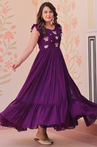Purple Faux Blooming Gown with Bead & Sequin Embroidery | Fully Stitched Women’s Partywear & Festive Gown