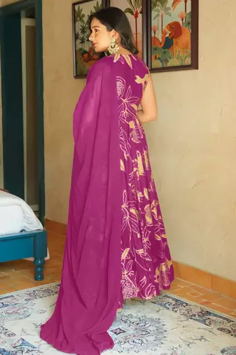 Purple color beautiful printed partywear gown for trendy girls
