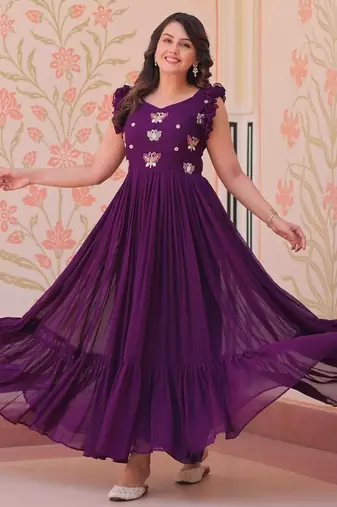 Purple Faux Blooming Gown with Bead & Sequin Embroidery | Fully Stitched Women’s Partywear & Festive Gown