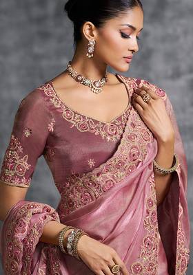 Pink premium tissue zari resham thread embroidery with pearls, mirror work stone work saree with blouse 2