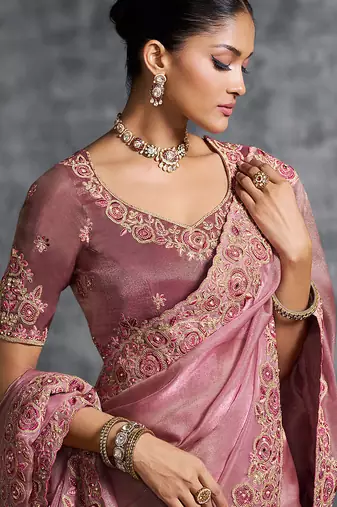 Pink premium tissue zari resham thread embroidery with pearls, mirror work stone work saree with blouse