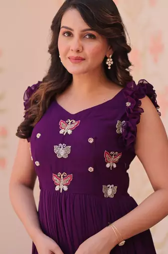 Purple Faux Blooming Gown with Bead & Sequin Embroidery | Fully Stitched Women’s Partywear & Festive Gown