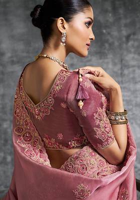 Pink premium tissue zari resham thread embroidery with pearls, mirror work stone work saree with blouse 3