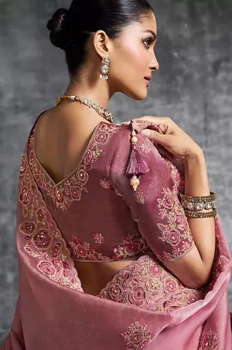Pink premium tissue zari resham thread embroidery with pearls, mirror work stone work saree with blouse