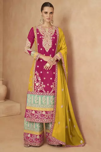 Red chinon semi stitched suit with embroidery codding sequence work