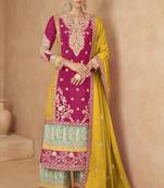 Red chinon semi stitched suit with embroidery codding sequence work