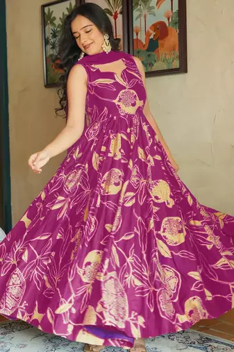 Purple color beautiful printed partywear gown for trendy girls