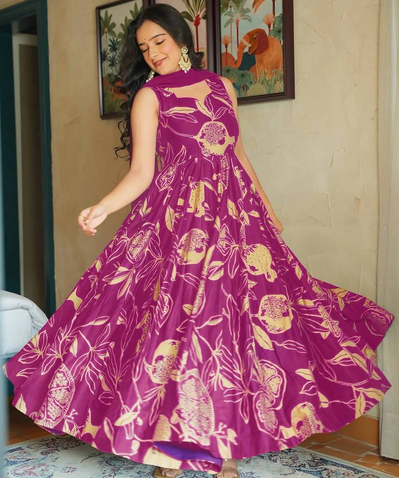 Purple color beautiful printed partywear gown for trendy girls
