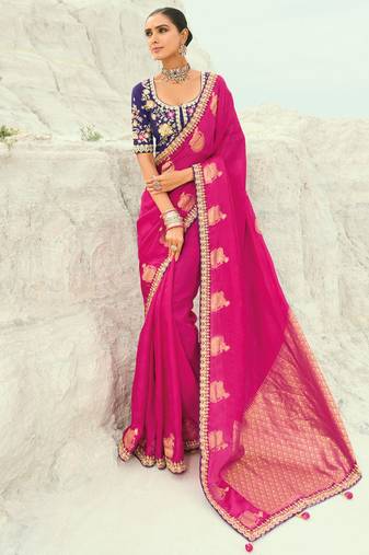rani pink organza viscose satin coding border with cut-dana, moti heavy work blouse saree with blouse