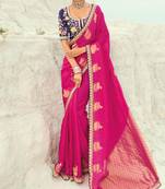 rani pink organza viscose satin coding border with cut-dana, moti heavy work blouse saree with blouse