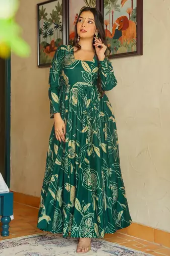Sea green color beautiful printed partywear gown for trendy girls