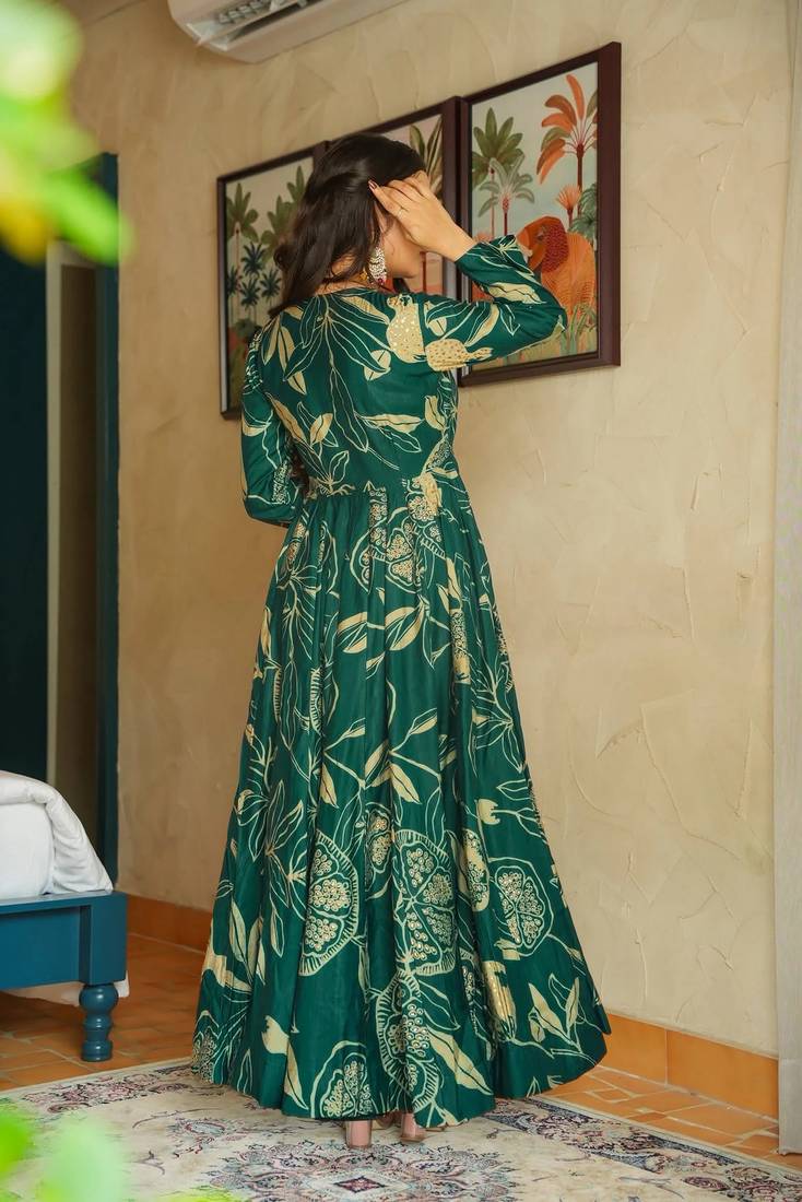 Sea green color beautiful printed partywear gown for trendy girls