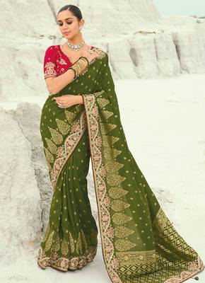 mehendi dola viscose zari , thread, moti with cut-dana heavy work saree with blouse 1