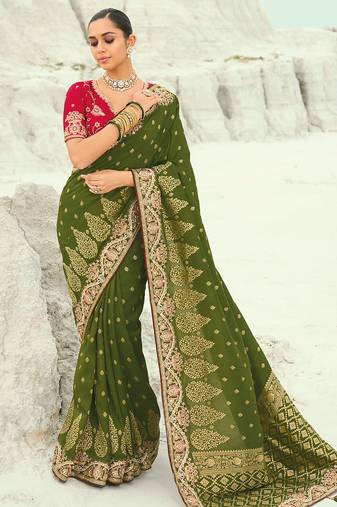 mehendi dola viscose jari, thread, moti with cut-dana heavy work saree with blouse