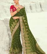 mehendi dola viscose jari, thread, moti with cut-dana heavy work saree with blouse