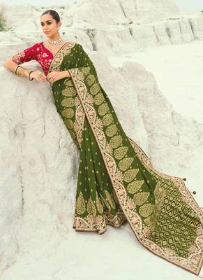 mehendi dola viscose zari , thread, moti with cut-dana heavy work saree with blouse 2