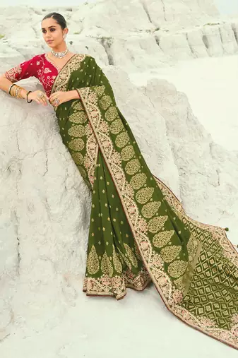 mehendi dola viscose zari , thread, moti with cut-dana heavy work saree with blouse