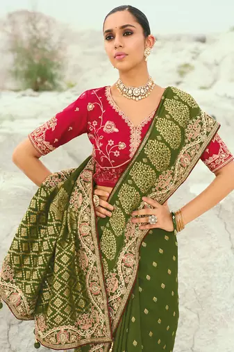 mehendi dola viscose zari , thread, moti with cut-dana heavy work saree with blouse
