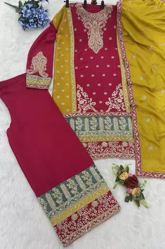 Red chinon suit with embroidery codding sequin 