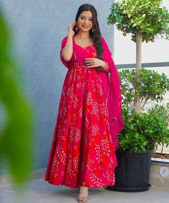 Red color beautiful printed partywear gown for trendy girls 1