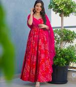 Red color beautiful printed partywear gown for trendy girls