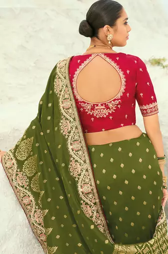 mehendi dola viscose zari , thread, moti with cut-dana heavy work saree with blouse