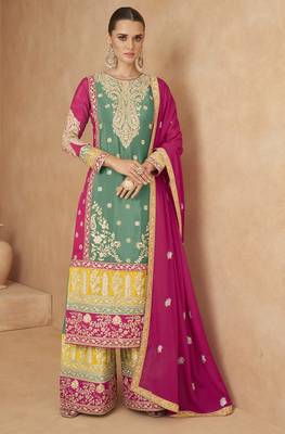 Sea green chinon suit with embroidery codding sequin  1