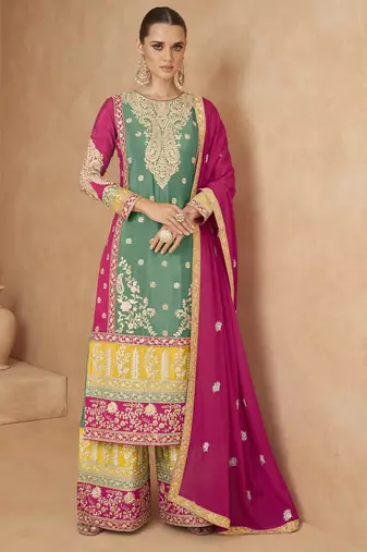 Sea green chinon semi stitched suit with embroidery codding sequence work
