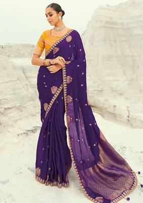 dark violet organza viscose satin coding border with cut-dana, moti heavy work blouse saree with blouse 1