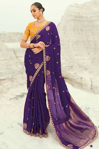 dark violet organza viscose satin coding border with cut-dana, moti heavy work blouse saree with blouse