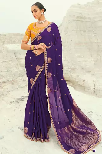 dark violet organza viscose satin coding border with cut-dana, moti heavy work blouse saree with blouse
