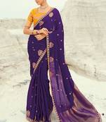 dark violet organza viscose satin coding border with cut-dana, moti heavy work blouse saree with blouse