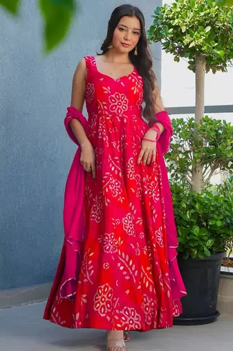 Red color beautiful printed partywear gown for trendy girls