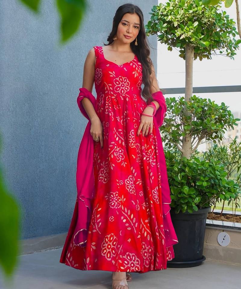 Red color beautiful printed partywear gown for trendy girls