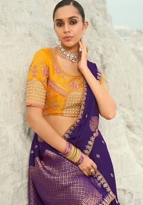 dark violet organza viscose satin coding border with cut-dana, moti heavy work blouse saree with blouse 2