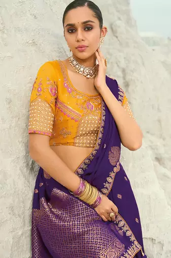 dark violet organza viscose satin coding border with cut-dana, moti heavy work blouse saree with blouse