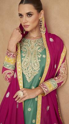 Sea green chinon suit with embroidery codding sequin  2