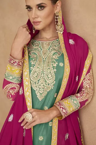 Sea green chinon suit with embroidery codding sequin 