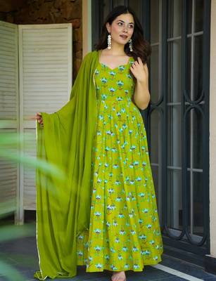 Parrot green color beautiful printed partywear gown for trendy girls 1